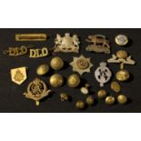 Military Interest - Great War army buttons, badges, white metal, brass military police, Cheshire,