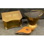 A brass swing handle coal scuttle; a brass log box, hinged cover; a pair of bellows (3)