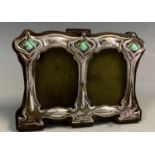 A small Art Nouveau style enameled sterling silver double photograph frame, impressed sterling,