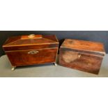 A 19th century inlaid mahogany sarcophagus tea caddy, brass ball and claw feet, 17cm high, 28.5cm