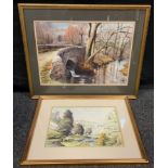 Wilfred Ball (20th century) High Noon in Wolfcote Dale, signed, watercolour, 26cm x 36cm; Bridge