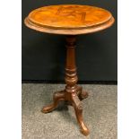 A Victorian mahogany wine table, parquetry inlaid oval top, turned column, tripod base, 74cm high