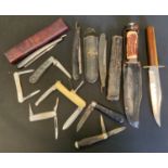 Knives - a Horn handled Bowie knife; another; Rogers folding pocket knife; cut throat razors etc.