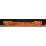 A large carved and pierced Chinese gilt red wooden panel, decorated with many figures, Phoenix and