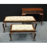A Chinese style hardwood coffee table, rectangular panel top, cabriole legs, 59cm high, 76cm wide;