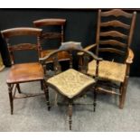 A Victorian ebonised corner chair, shaped cresting rail, pierced and shaped splats, tapestry seat,
