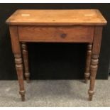 A Victorian pitch pine hinged top side table, rounded rectangular top, turned legs, 75cm high,