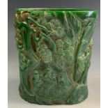 A large contemporary Chinese carved green stone brush pot, decorated with figural landscape, 15,