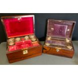 A Victorian mahogany vanity box, fitted interior with silver plated topper bottles, lift out tray,
