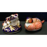 A Royal Crown Derby frog paperweight, silver stopper; another Pheasant, no stopper (2).