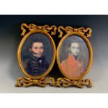 A pair of contemporary neoclassical style oval portrait panels, Gentlemen, gilt tied ribbon bow