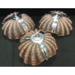 A pair of 1930s chrome and pink glass shell shaped ceiling light shades, 35cm diameter; another
