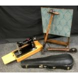 A PFAFF 30 sewing machine; wooden and metal scooter; folding table; violin case. (4)