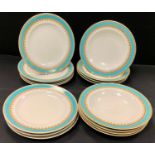A late Victorian Royal Worcester turquoise and gilt banded set of eight dinner plates and soup
