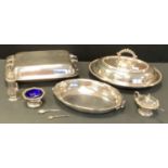 An EPNS oval entree dish and cover, bayonet loop handle; another, rectangular; a three piece