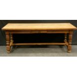 A large country oak plank top table, single drawer to frieze, turned legs, pegged joints, 75cm high,