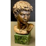 After Michelangelo, a contemporary bronze bust, David, green verdigris base, 16cm high