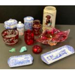 A Victorian cranberry glass jug; Bohemian bowl; another; an Art glass dish; Spode Italian pattern;