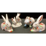 A Hungarian Hollohaza porcelain model Rabbits; others Hare, Hippopotamus, printed marks (4)
