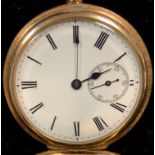 A mid 20th century gold plated Waltham hunter cased pocket watch, white enamel dial, bold Roman