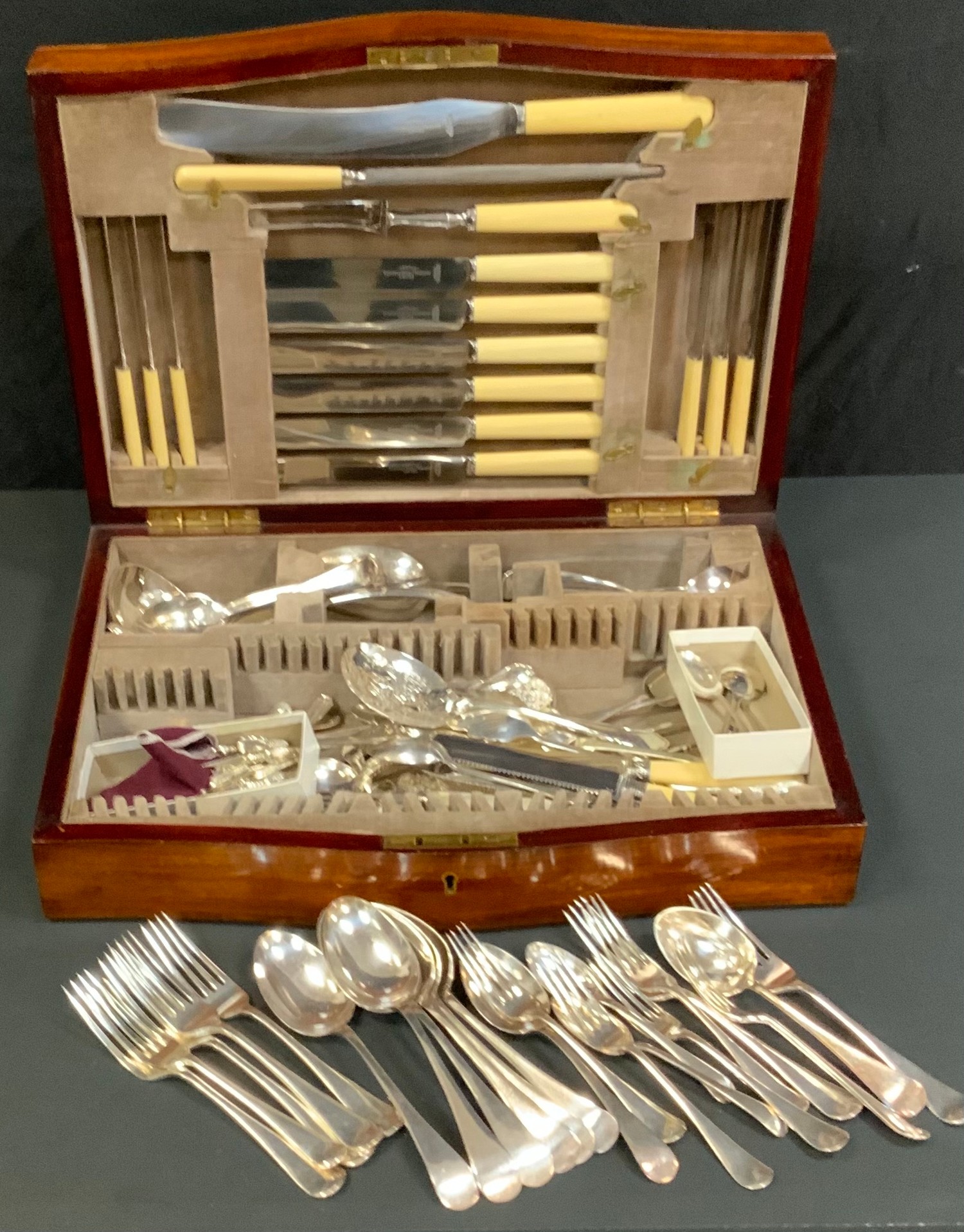 Flatware - Old English pattern table forks and spoons; soup ladle; serving spoon; etc