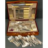 Flatware - Old English pattern table forks and spoons; soup ladle; serving spoon; etc