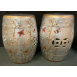 A pair of contemporary Chinese conservatory barrel seats, decorated with fanciful butterflies and