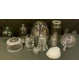 Glassware - carboys; sweet jar; candle shades; oil lamp funnels, milk glass shade; other shades