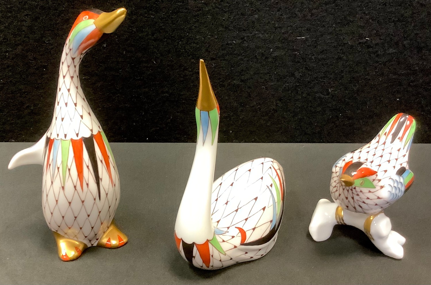 A Hungarian Hollohaza porcelain model Swan; others Wren; Gosling, printed marks (3)