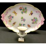 A Hungarian Herend hand painted oval tray, painted with butterflies and flowers, tied ribbon