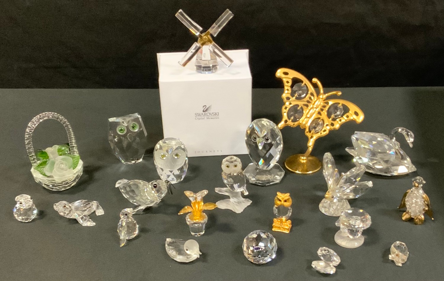 A pair of Swarovski crystal models Seal & Pup; others Windmill, Butterfly, Owls, Duck, Mushroom etc;