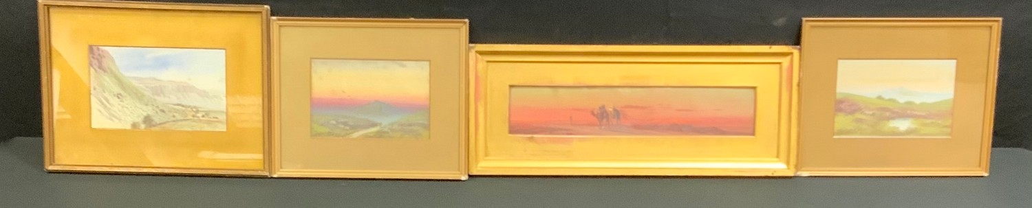 T Banks, pair, Twilight Dales & Heather Banks, signed, oils, 14cm x 20cm; Camel Riders Deserts Dawn,