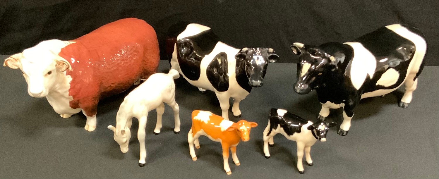 A Beswick model Fresian Bull, Champion Coddington Hilt Bar, others Cow & Calf; Hereford Bull; grey