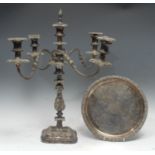 A late 19th century silver plate on copper five light four branch table candlestick, detachable