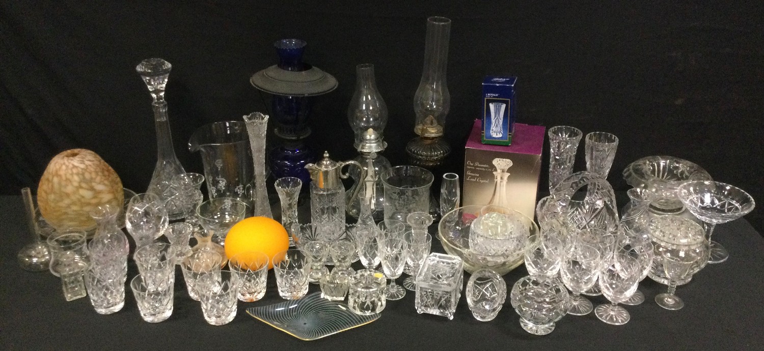 Glass - a Bohemian cut glass vase; stoppered decanters, bowls, vases, oil lamps etc.