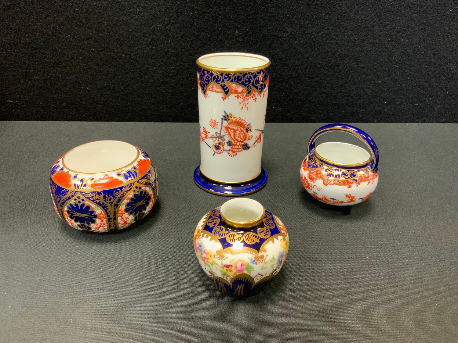 Royal Crown Derby miniatures - a 2649 cauldron; a 2649 spill vase; a 875 Imari pot; Crown