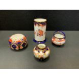 Royal Crown Derby miniatures - a 2649 cauldron; a 2649 spill vase; a 875 Imari pot; Crown
