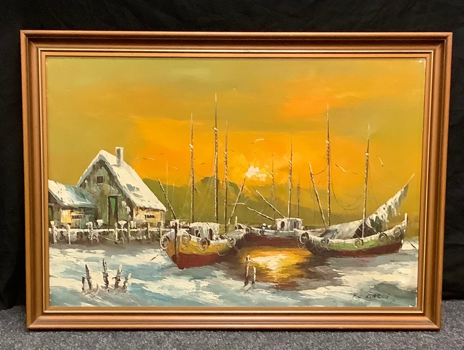 De Marco ,20th century, Wintry Sunset over the Harbour, signed, impasto oil on canvas, 60cm x 90cm