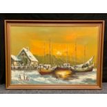 De Marco ,20th century, Wintry Sunset over the Harbour, signed, impasto oil on canvas, 60cm x 90cm