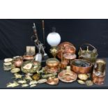 Metalware - a 19th century copper and brass kettle; embossed planter; oval planter; tray, brass