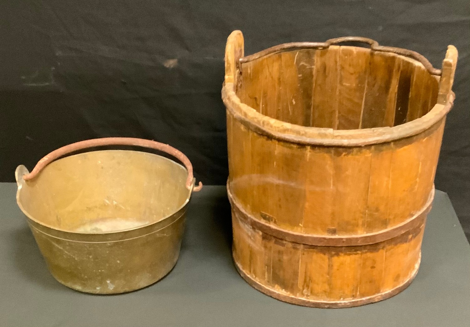 A 19th century iron bound peat bucket; a jam pan