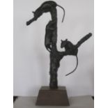 Lucy Poett, Mice, 44.4cm high x 14cm wide x 5.9cm deep, bronze, truncated pyramid wooded plinth.