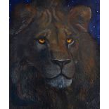 Ed Vere original oil painting on linen. Signed and Dated. Night time portrait of King the lion at