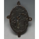 A dark patinated bronze oval plaque or mount, cast in relief with the Baptism of Christ, 12.5cm