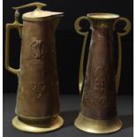 An Art Nouveau tapering cylindrical copper and brass jug and cover, embossed with shells and leaf