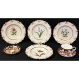 A set of four English porcelain Botanical shaped circular dessert plates, each with colourful