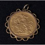 Coins - a George V full gold sovereign, 1912, 9ct gold mounted as a pendant, 9.68g