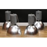 Industrial Salvage - a set of four overhead lights, by Newlec, Birmingham, aluminium shades, 61cm