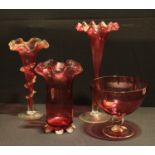 A Victorian cranberry glass frill top fluted vase, 28.5cm high; others similar (4)