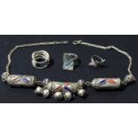 Jewellery - an Indian silver and enamel necklace; three silver rings